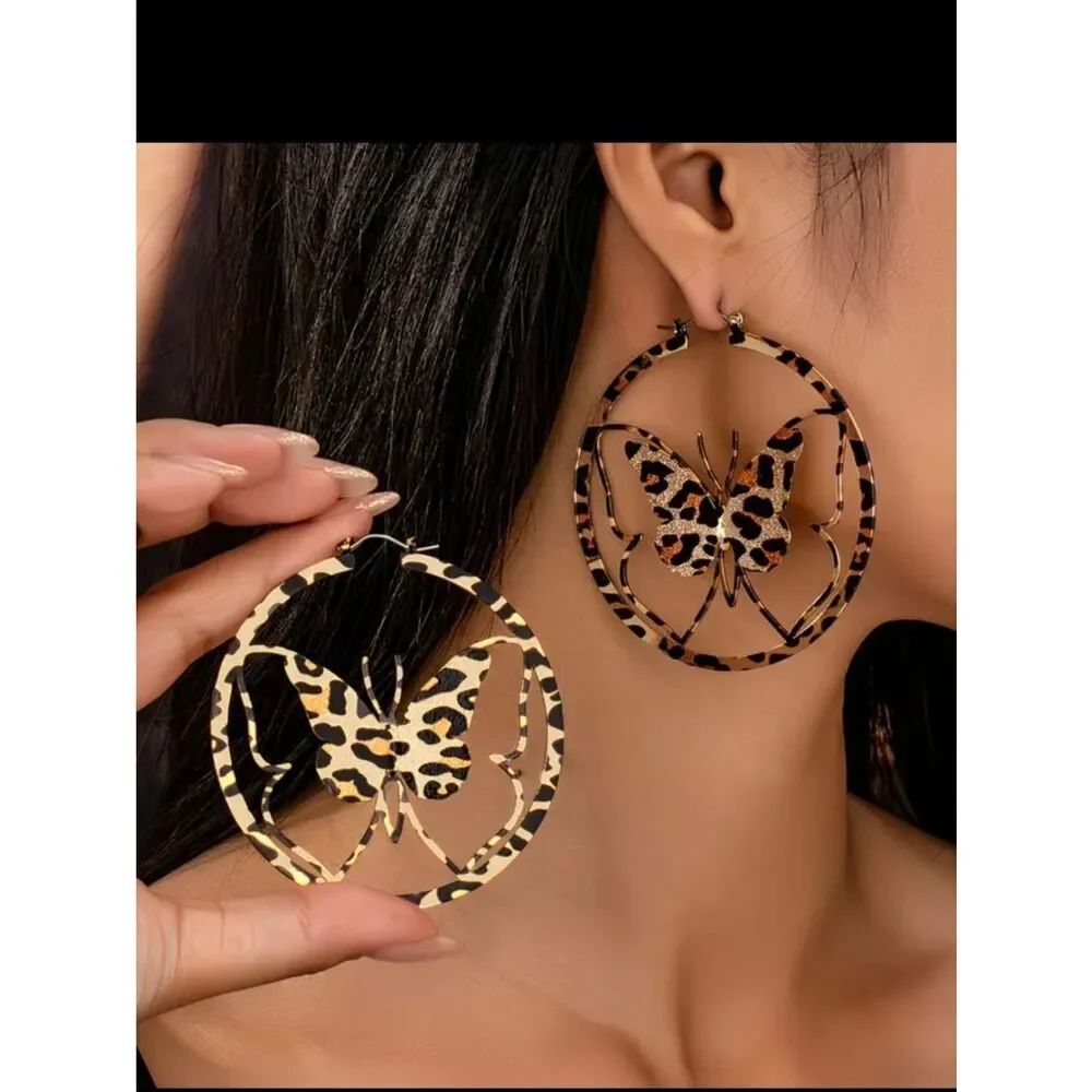 Leopard Print Butterfly Hoop Earrings 